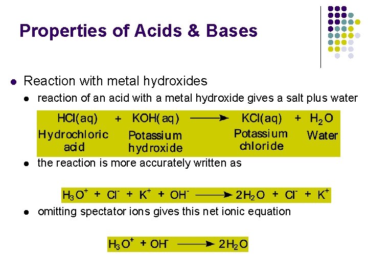 Properties of Acids & Bases l Reaction with metal hydroxides l reaction of an