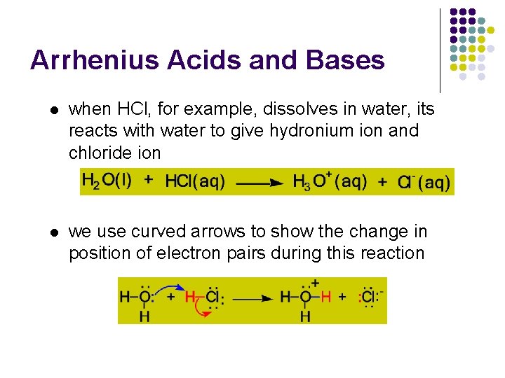 Arrhenius Acids and Bases l when HCl, for example, dissolves in water, its reacts