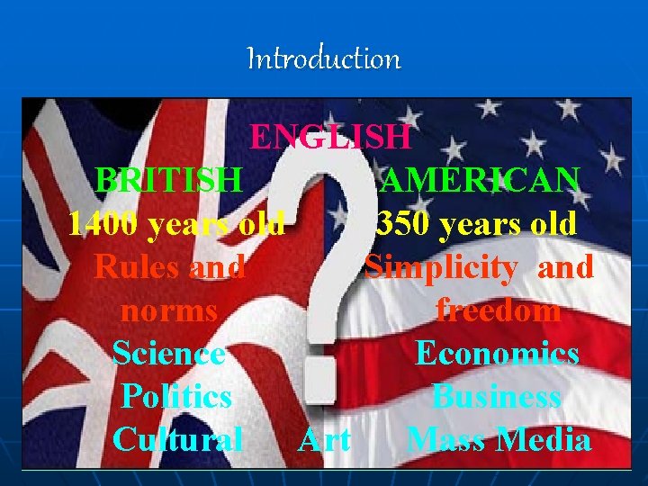 Introduction ENGLISH BRITISH AMERICAN 1400 years old 350 years old Rules and Simplicity and