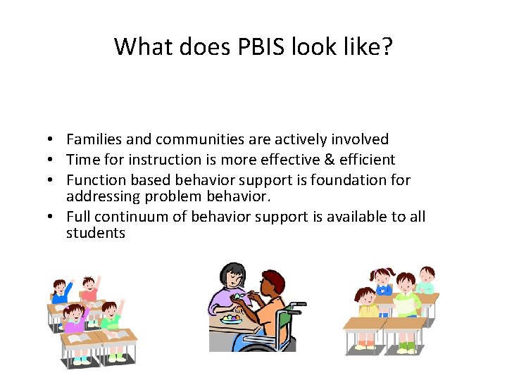 What does PBIS look like? • Families and communities are actively involved • Time