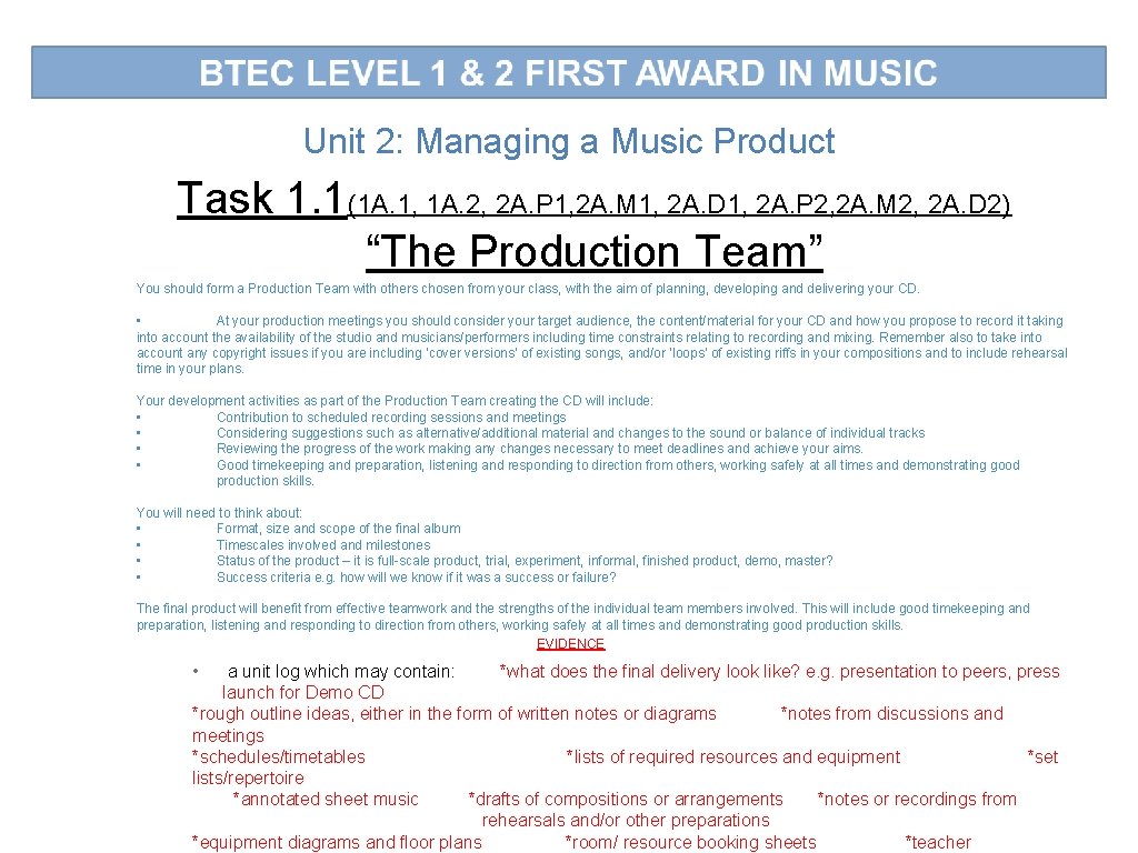 Unit 2: Managing a Music Product Task 1. 1(1 A. 1, 1 A. 2,