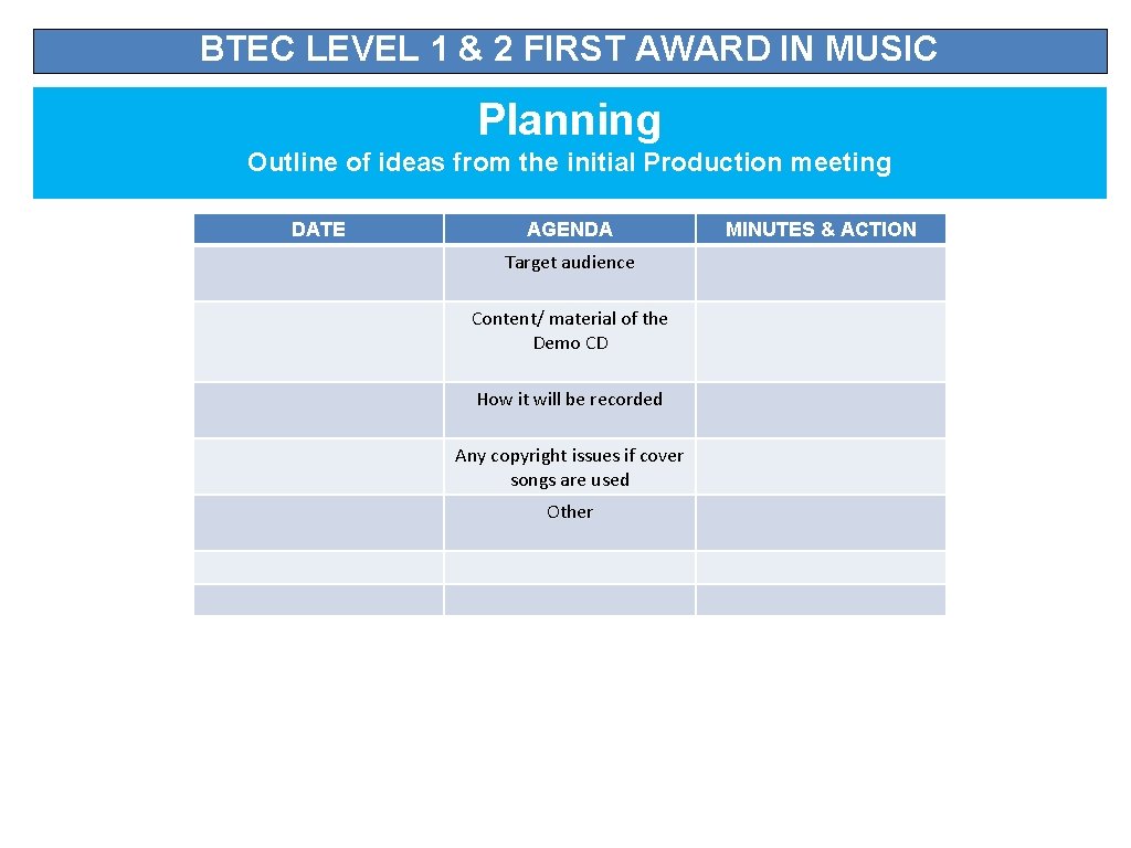 BTEC LEVEL 1 & 2 FIRST AWARD IN MUSIC Planning Outline of ideas from