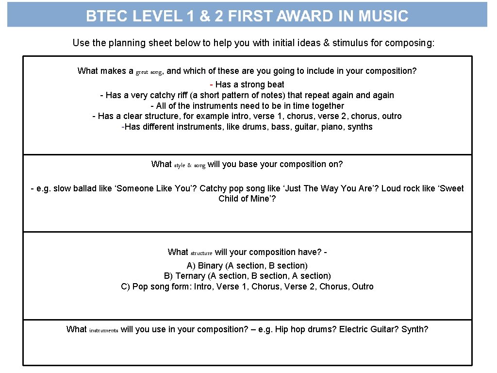 Use the planning sheet below to help you with initial ideas & stimulus for