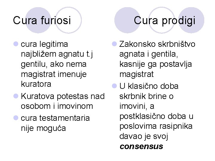 Cura furiosi Cura prodigi l cura legitima l Zakonsko skrbništvo najbližem agnatu t. j