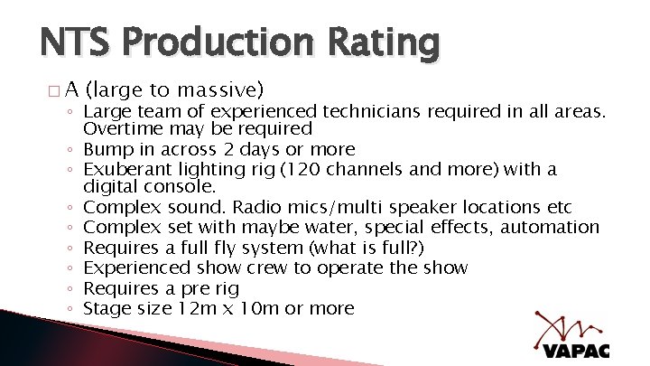 NTS Production Rating �A (large to massive) ◦ Large team of experienced technicians required
