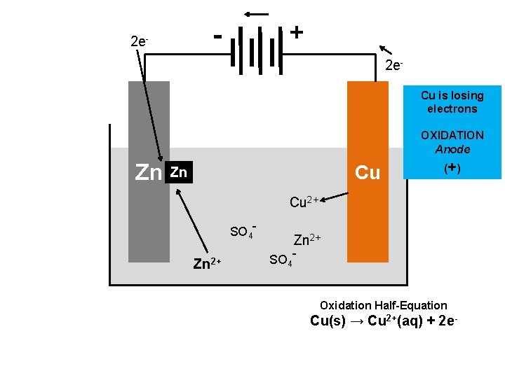 + - 2 e. Cu is losing electrons OXIDATION Anode Zn Cu Zn (+