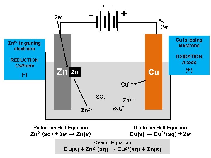 + - 2 e. Cu is losing electrons Zn 2+ is gaining electrons REDUCTION