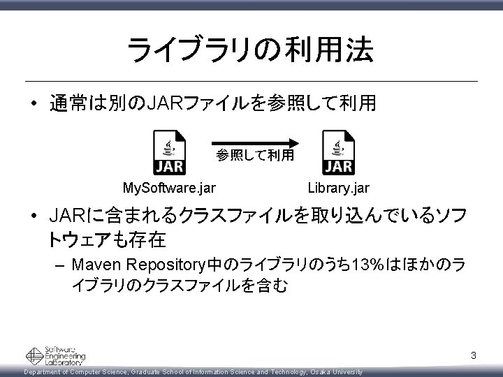 ライブラリの利用法 • 通常は別のJARファイルを参照して利用 My. Software. jar Library. jar • JARに含まれるクラスファイルを取り込んでいるソフ トウェアも存在 – Maven Repository中のライブラリのうち