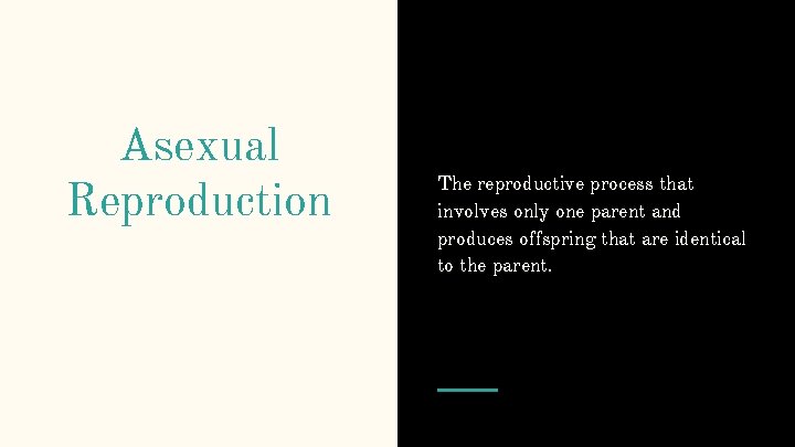 Asexual Reproduction The reproductive process that involves only one parent and produces offspring that