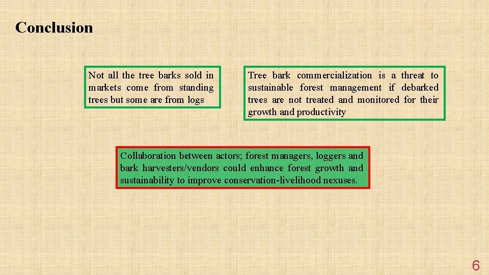 Conclusion Not all the tree barks sold in markets come from standing trees but