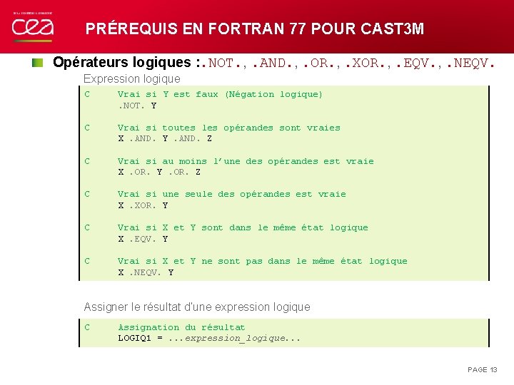 PRÉREQUIS EN FORTRAN 77 POUR CAST 3 M Opérateurs logiques : . NOT. ,