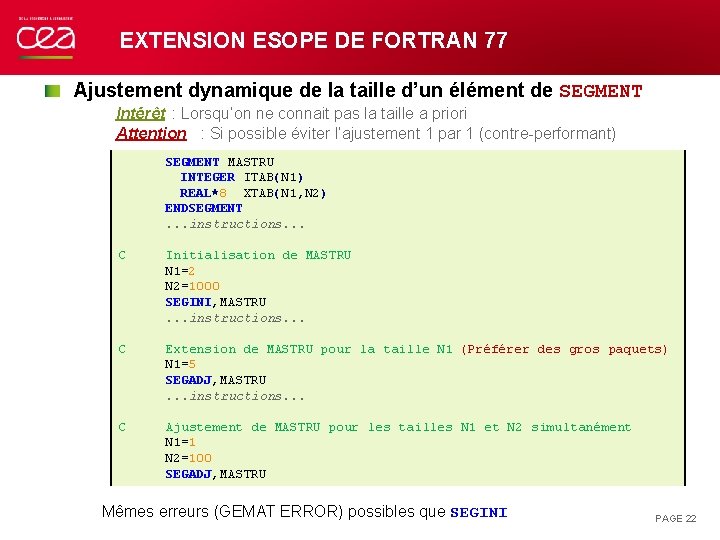 EXTENSION ESOPE DE FORTRAN 77 Ajustement dynamique de la taille d’un élément de SEGMENT