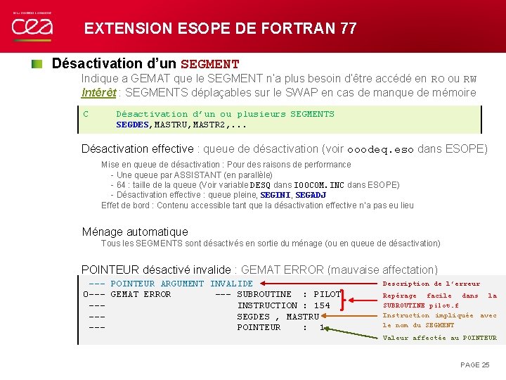 EXTENSION ESOPE DE FORTRAN 77 Désactivation d’un SEGMENT Indique a GEMAT que le SEGMENT