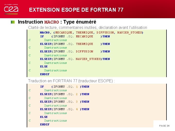 EXTENSION ESOPE DE FORTRAN 77 Instruction MACRO : Type énuméré Clarté de lecture, commentaires