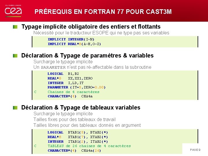 PRÉREQUIS EN FORTRAN 77 POUR CAST 3 M Typage implicite obligatoire des entiers et