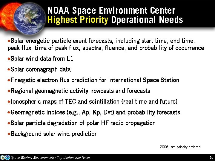 NOAA Space Environment Center Highest Priority Operational Needs ASolar energetic particle event forecasts, including