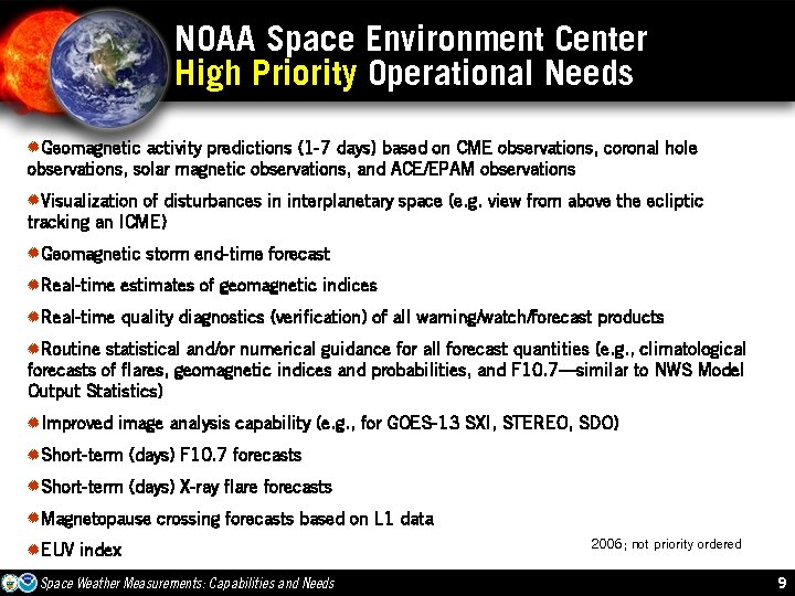 NOAA Space Environment Center High Priority Operational Needs AGeomagnetic activity predictions (1 -7 days)