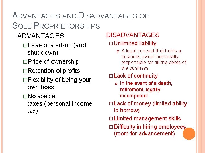 ADVANTAGES AND DISADVANTAGES OF SOLE PROPRIETORSHIPS ADVANTAGES �Ease of start-up (and shut down) �Pride