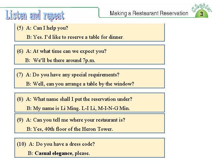 Make a reservation by making a phone call. (5) A: Can I help you?