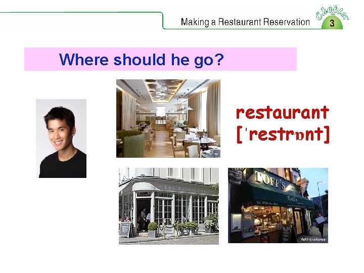 Where should he go? restaurant [ˈrestrɒnt] 