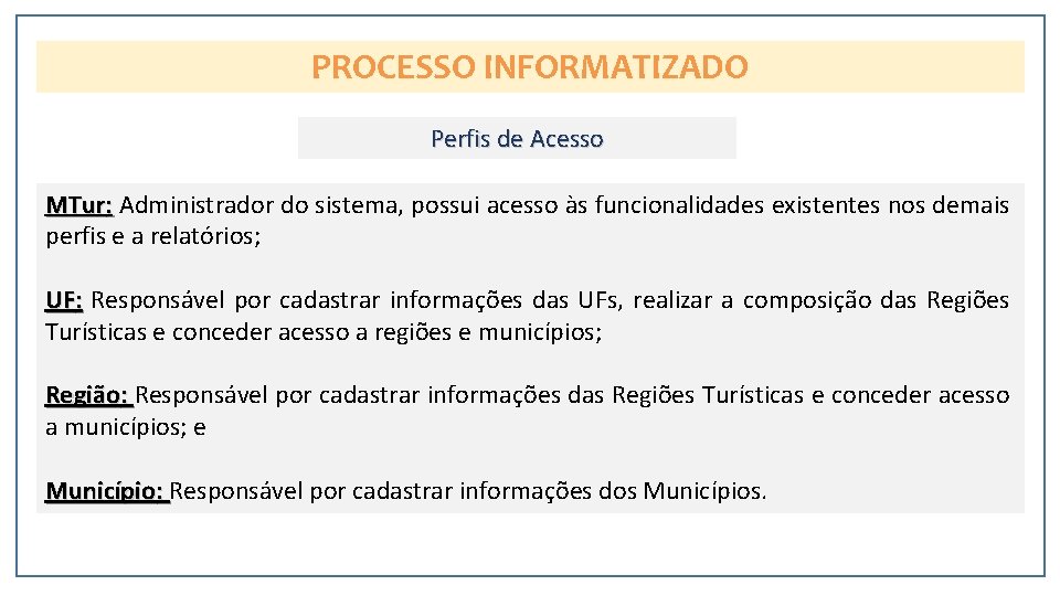 PROCESSO INFORMATIZADO Perfis de Acesso MTur: Administrador do sistema, possui acesso às funcionalidades existentes