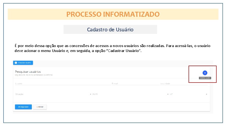 PROCESSO INFORMATIZADO Cadastro de Usuário É por meio dessa opção que as concessões de