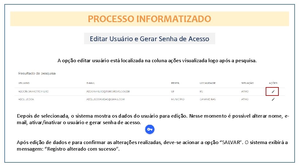 PROCESSO INFORMATIZADO Editar Usuário e Gerar Senha de Acesso A opção editar usuário está