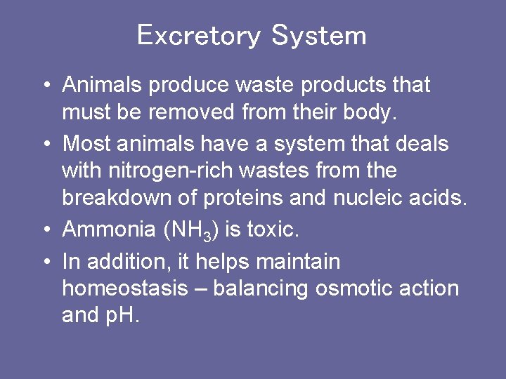Excretory System • Animals produce waste products that must be removed from their body.
