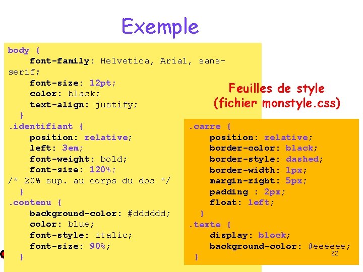 Exemple body { font-family: Helvetica, Arial, sansserif; font-size: 12 pt; Feuilles de style color: