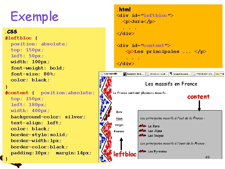 Exemple. CSS #leftbloc { position: absolute; top: 150 px; left: 50 px; width: 100