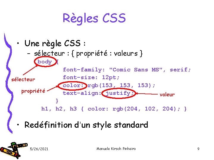 Règles CSS • Une règle CSS : – sélecteur : { propriété : valeurs