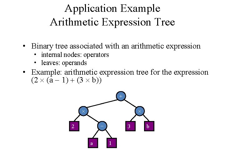 Application Example Arithmetic Expression Tree • Binary tree associated with an arithmetic expression •