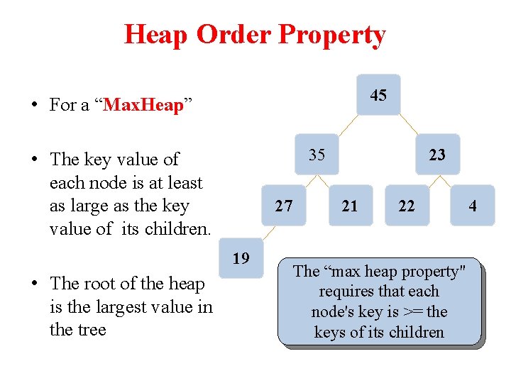 Heap Order Property 45 • For a “Max. Heap” 35 • The key value