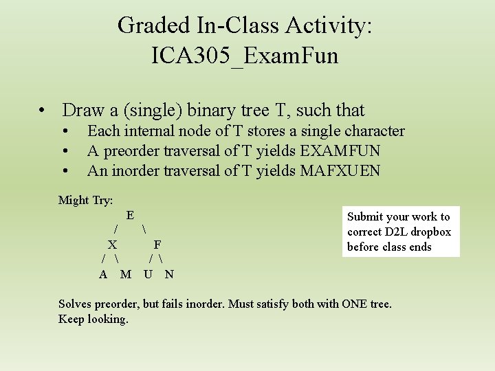 Graded In-Class Activity: ICA 305_Exam. Fun • Draw a (single) binary tree T, such