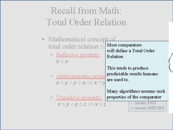 Recall from Math: Total Order Relation • Mathematical concept of total order relation Most