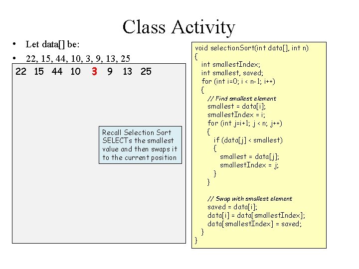 Class Activity • Let data[] be: • 22, 15, 44, 10, 3, 9, 13,