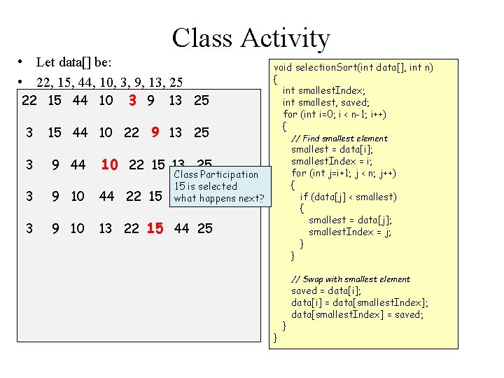 Class Activity • Let data[] be: • 22, 15, 44, 10, 3, 9, 13,