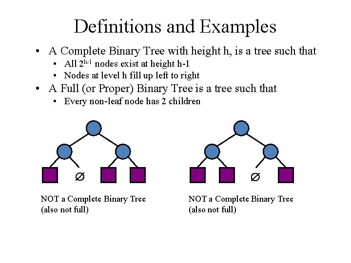 Definitions and Examples • A Complete Binary Tree with height h, is a tree