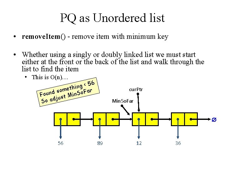 PQ as Unordered list • remove. Item() - remove item with minimum key •