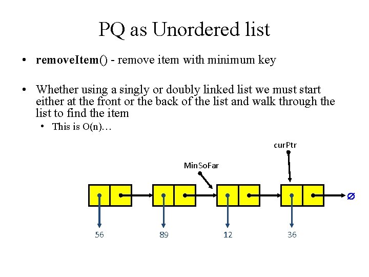 PQ as Unordered list • remove. Item() - remove item with minimum key •