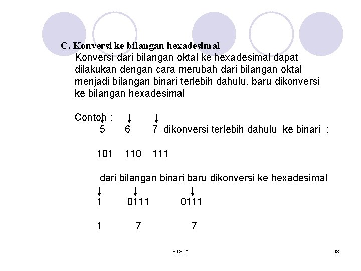 C. Konversi ke bilangan hexadesimal Konversi dari bilangan oktal ke hexadesimal dapat dilakukan dengan