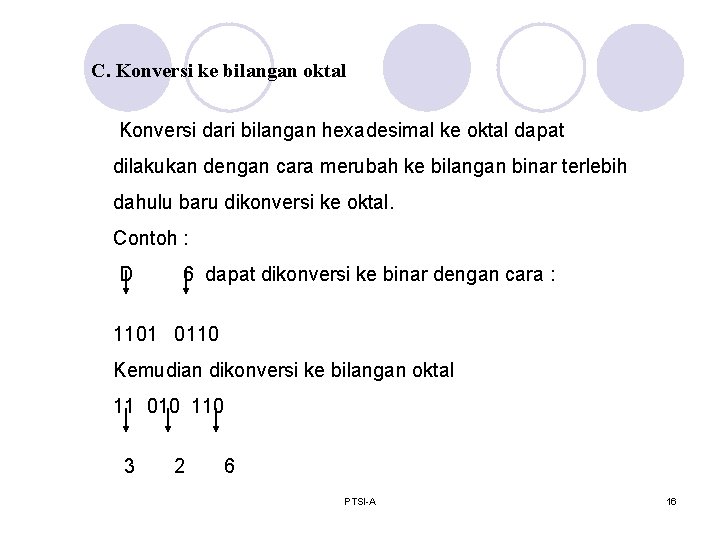 C. Konversi ke bilangan oktal Konversi dari bilangan hexadesimal ke oktal dapat dilakukan dengan