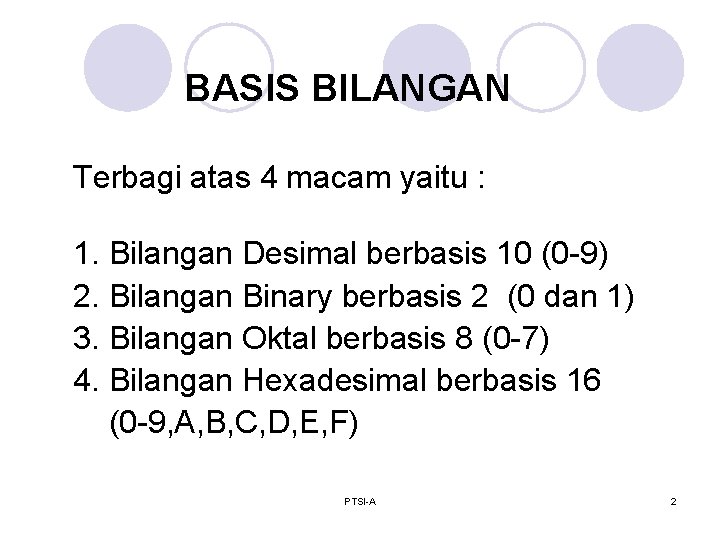 BASIS BILANGAN Terbagi atas 4 macam yaitu : 1. Bilangan Desimal berbasis 10 (0