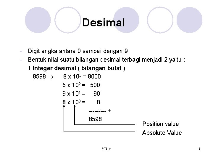 Desimal - Digit angka antara 0 sampai dengan 9 - Bentuk nilai suatu bilangan
