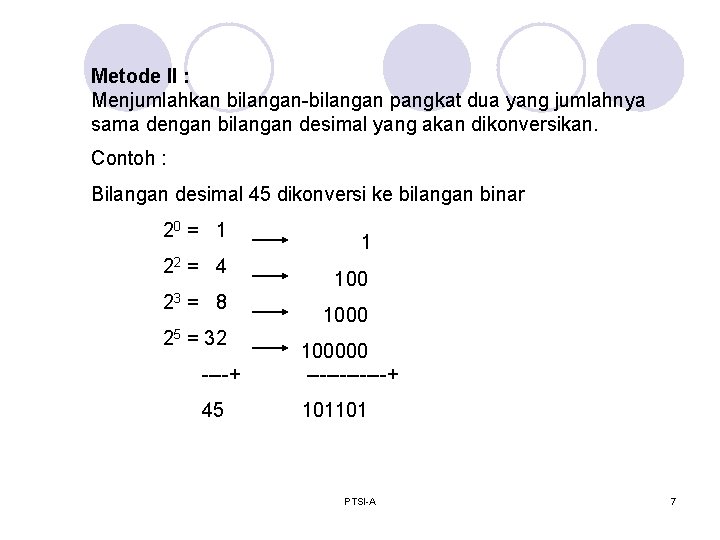 Metode II : Menjumlahkan bilangan-bilangan pangkat dua yang jumlahnya sama dengan bilangan desimal yang