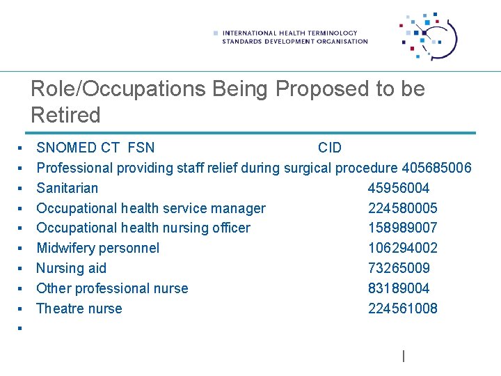 Role/Occupations Being Proposed to be Retired § § § § § SNOMED CT FSN