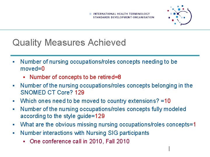 Quality Measures Achieved § § § Number of nursing occupations/roles concepts needing to be
