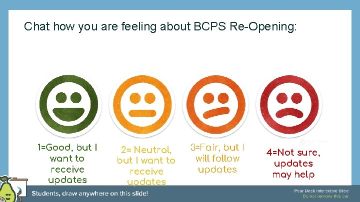 Chat how you are feeling about BCPS Re-Opening: 1=Good, but I want to receive