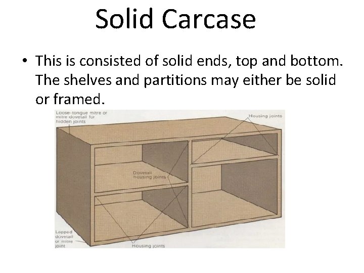 Solid Carcase • This is consisted of solid ends, top and bottom. The shelves