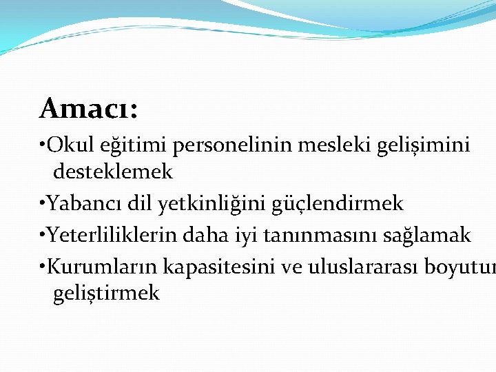 Amacı: • Okul eğitimi personelinin mesleki gelişimini desteklemek • Yabancı dil yetkinliğini güçlendirmek •